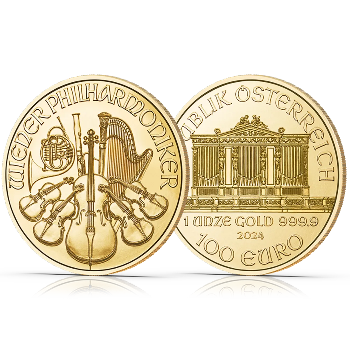 Wiener Philharmoniker 1 Unze Gold Avers Revers 3-D-Ansicht