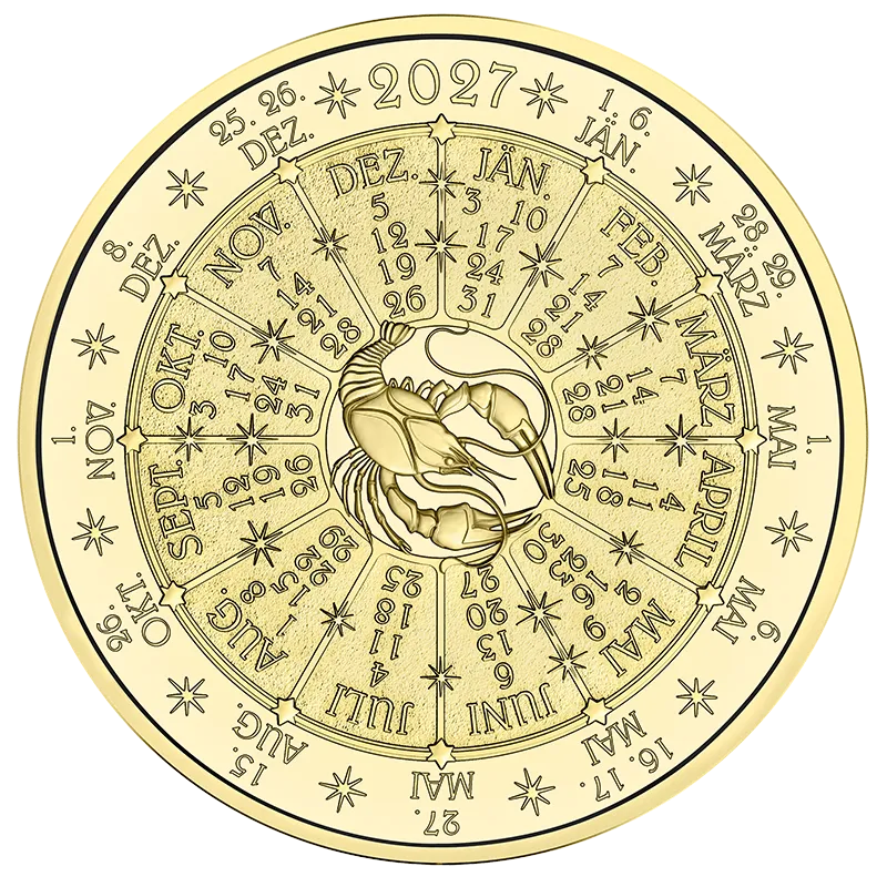 Kalendermedaille 2027 in Gold oder Silber vergoldet Revers zeigt in der Mitte einen Krebs und ist kreisförmig mit einem Kalender und Monatsnamen beschriftet