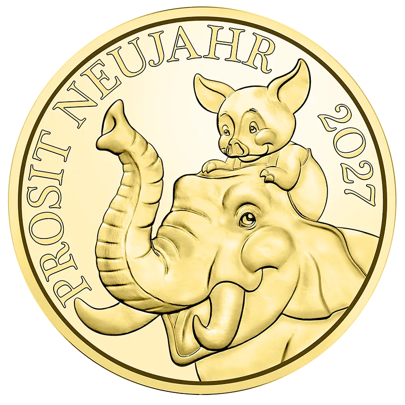 Glücksjeton 2027 in Gold Avers zeigt einen lächelnden Elefanten, auf dessen Kopf ein kleines Ferkel sitzt, mit der Inschrift 'Prosit Neujahr 2027' am Rand