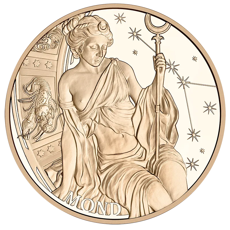 Kalendermedaille 2027 in Bronze Avers zeigt eine Frau mit Mondsichel im Haar, die einen Stab hält, neben einem Krebs-Symbol und Sternen und Schriftzug 'Mond'
