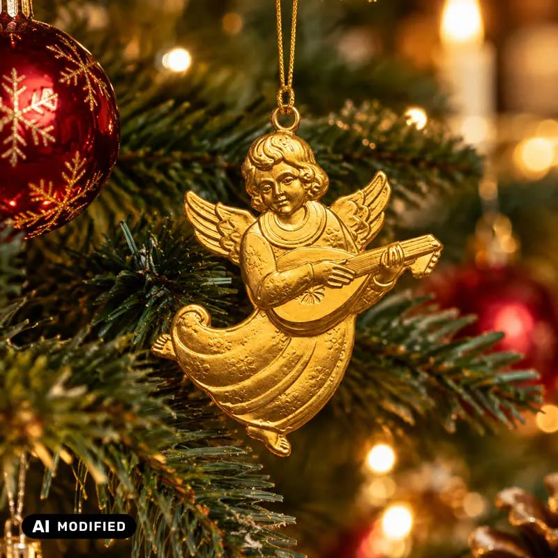 Goldener Engel mit Mandoline am Weihnachtsbaum hängend