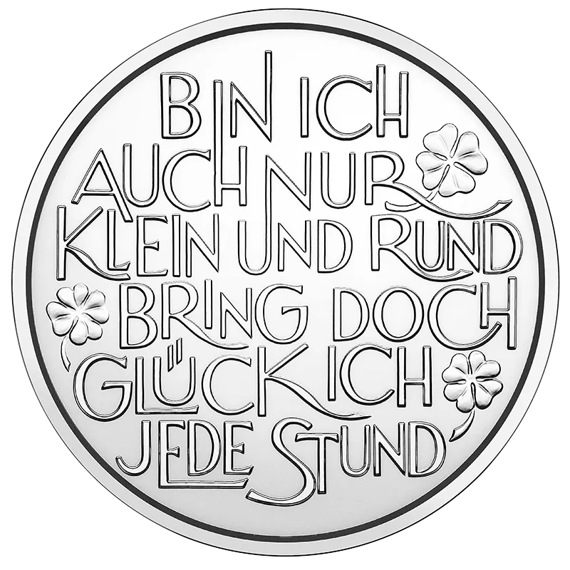 Glücksjeton 2027 in Silber Revers mit der eingeprägten Inschrift „Bin ich auch nur klein und rund, bring doch Glück ich jede Stund“ und drei Kleeblättern