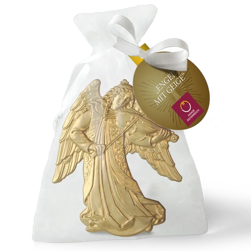 Engel-Anhänger Geige aus Messing im Säckchen mit Anhänger - Weihnachtsschmuck von Münze Österreich