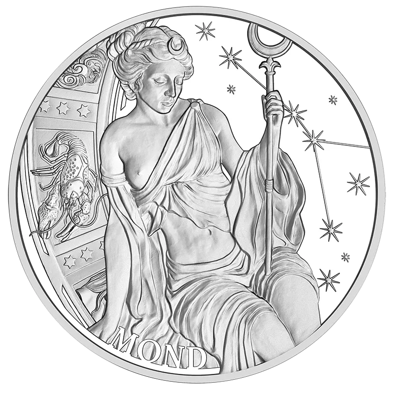 Kalendermedaille 2027 in Silber Avers zeigt eine Frau mit Mondsichel im Haar, die einen Stab hält, neben einem Krebs-Symbol und Sternen und Schriftzug 'Mond'