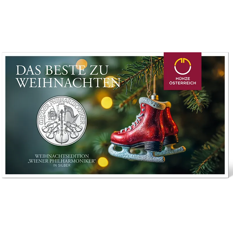 Die beliebte Weihnachtsedition der Silbermünze des Wiener Philharmonikers 1 Unze Silber 2026 im bebildertem Blister