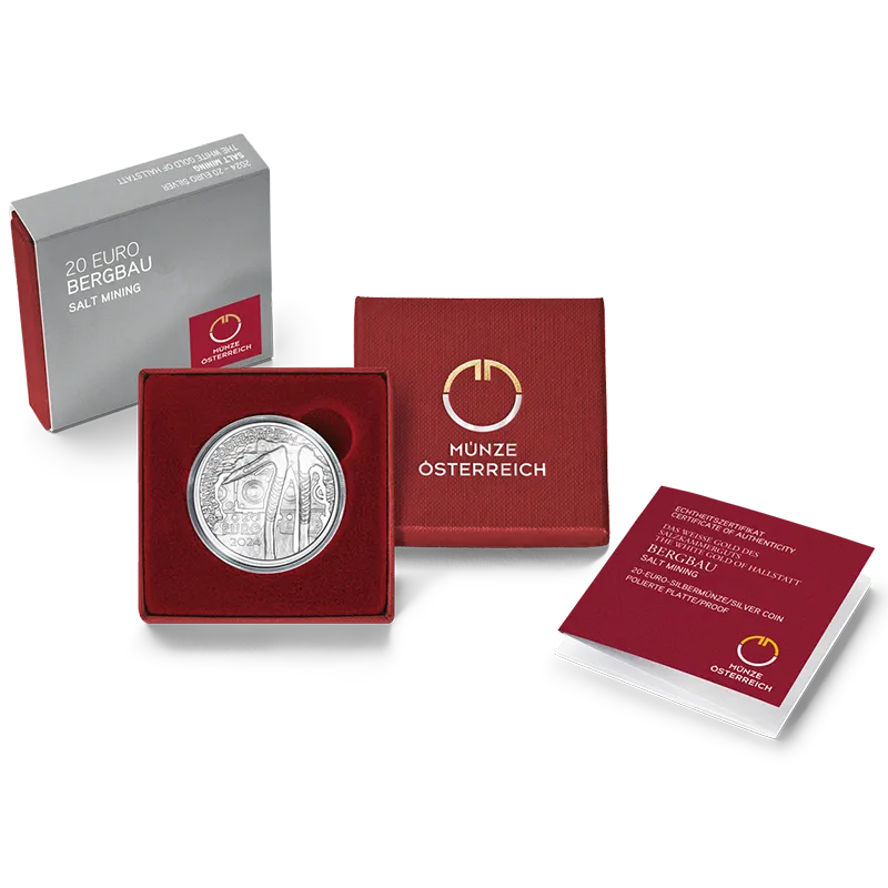 Abbildung 20-Euro Silbermünze Bergbau mit Etui und Echtheitszertifikat