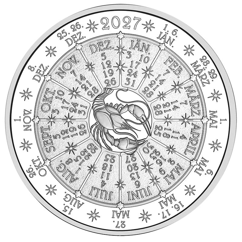 Kalendermedaille 2027 in Silber Revers zeigt in der Mitte einen Krebs und ist kreisförmig mit einem Kalender und Monatsnamen beschriftet
