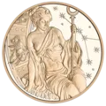 Kalendermedaille 2027 in Bronze Avers zeigt eine Frau mit Mondsichel im Haar, die einen Stab hält, neben einem Krebs-Symbol und Sternen und Schriftzug 'Mond'